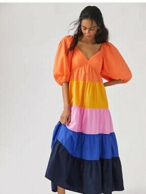 Farm Rio Anthropologie Colorblock Tier Maxi Dress Mp